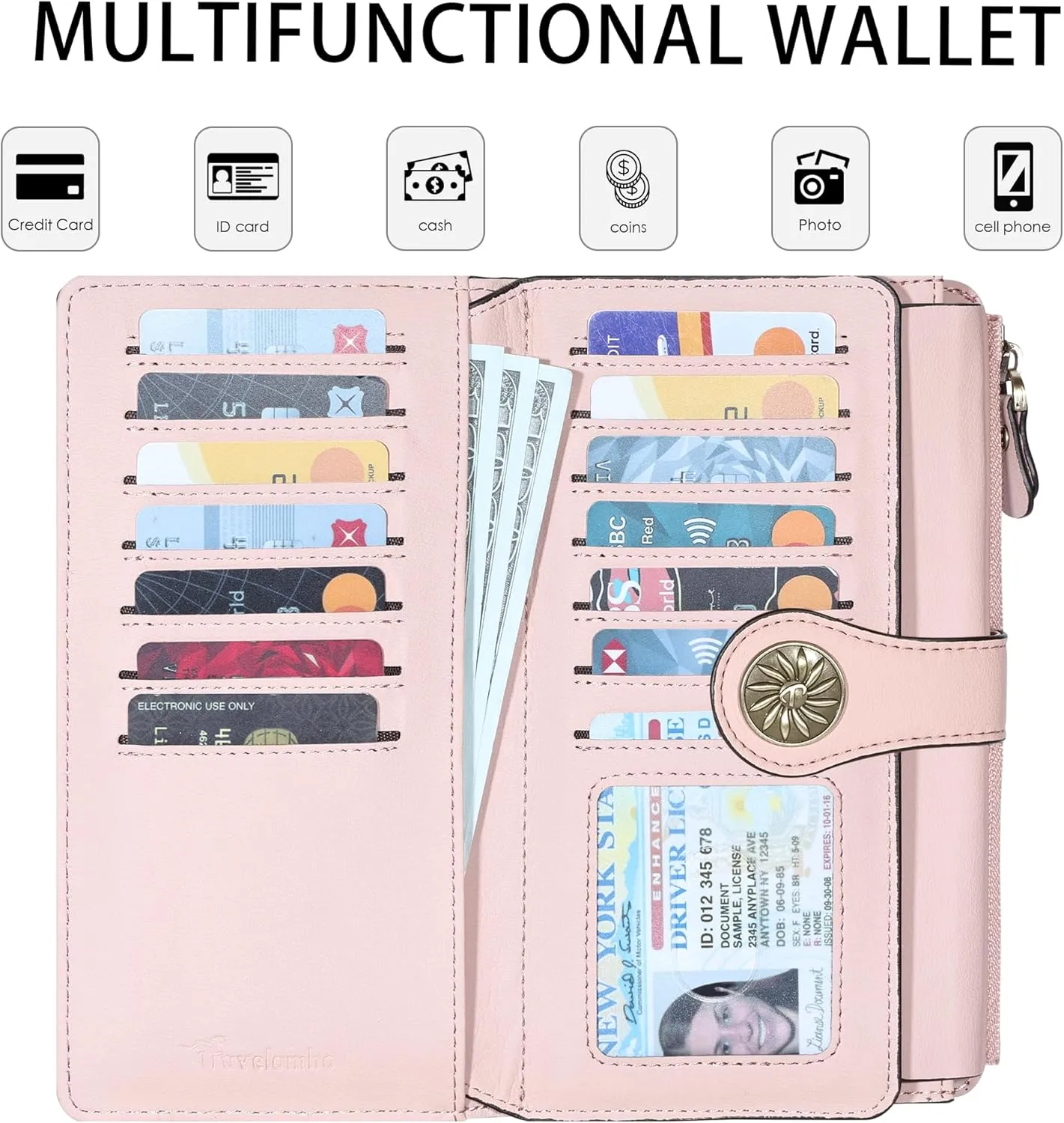 Travelambo Women's Wallet RFID Blocking Trifold Clutch Large Capacity Credit Card Holder Travel Purse