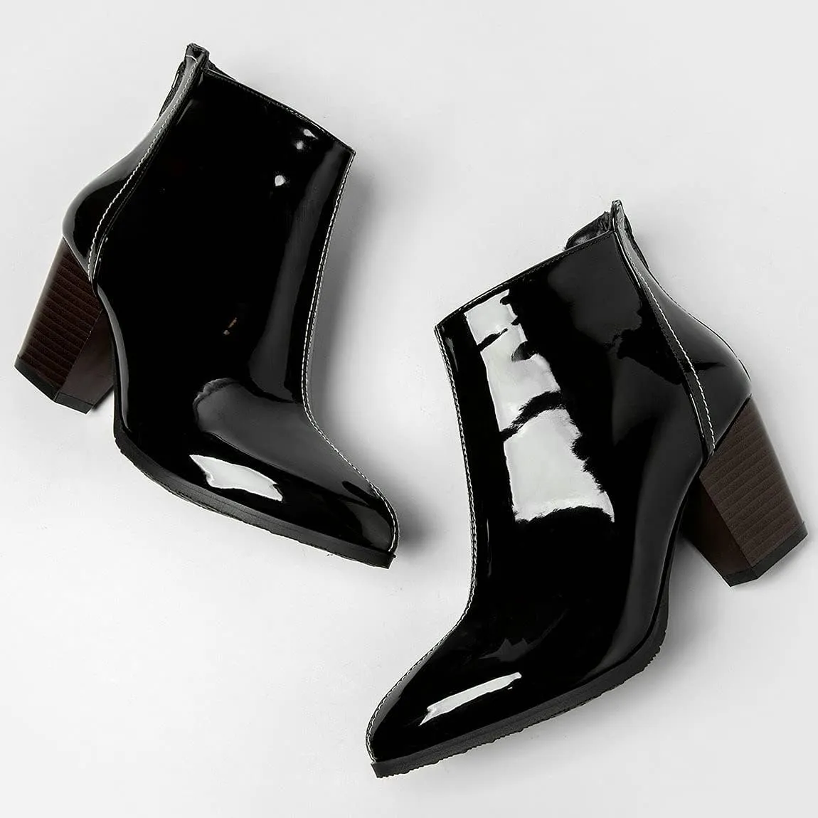 Trendenzy Womens Patent Leather Booties Pointed Toe Chunky Block Heel Zipper Ankle Boots