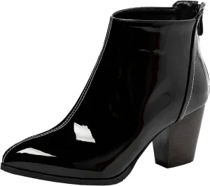 Trendenzy Womens Patent Leather Booties Pointed Toe Chunky Block Heel Zipper Ankle Boots
