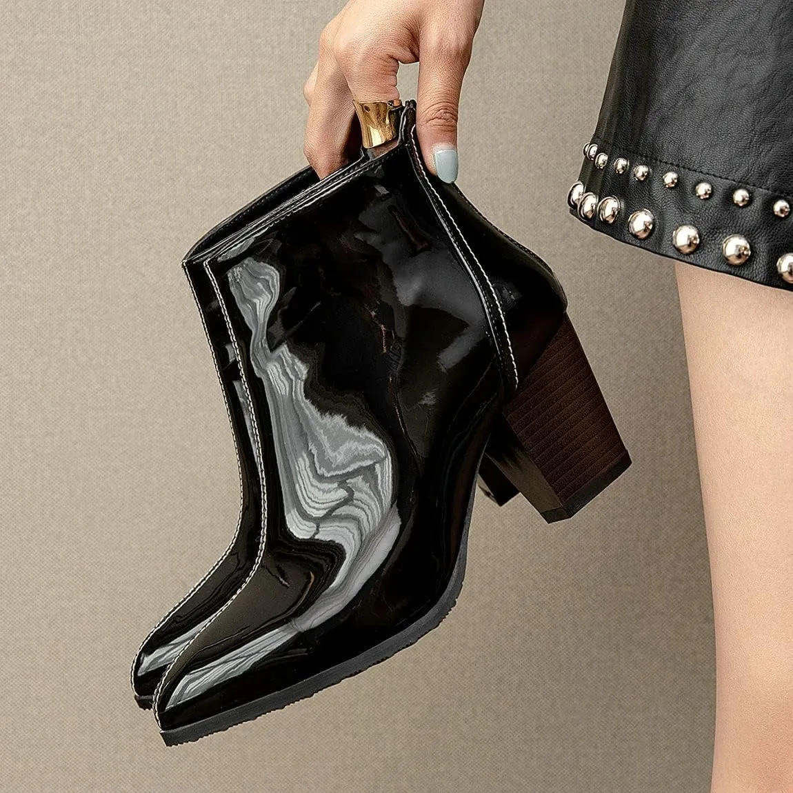 Trendenzy Womens Patent Leather Booties Pointed Toe Chunky Block Heel Zipper Ankle Boots