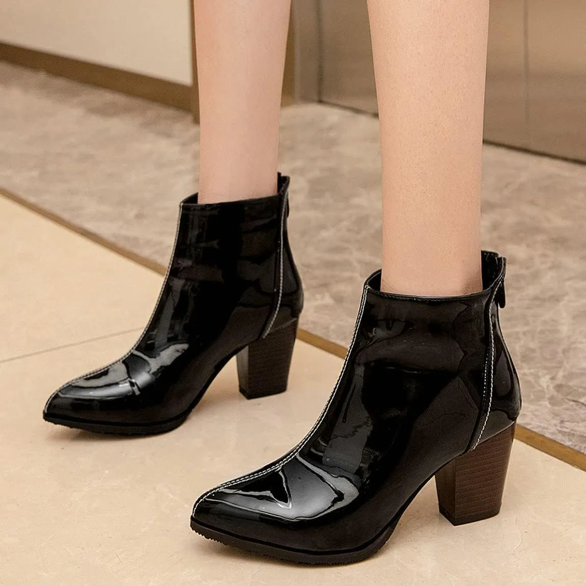 Trendenzy Womens Patent Leather Booties Pointed Toe Chunky Block Heel Zipper Ankle Boots
