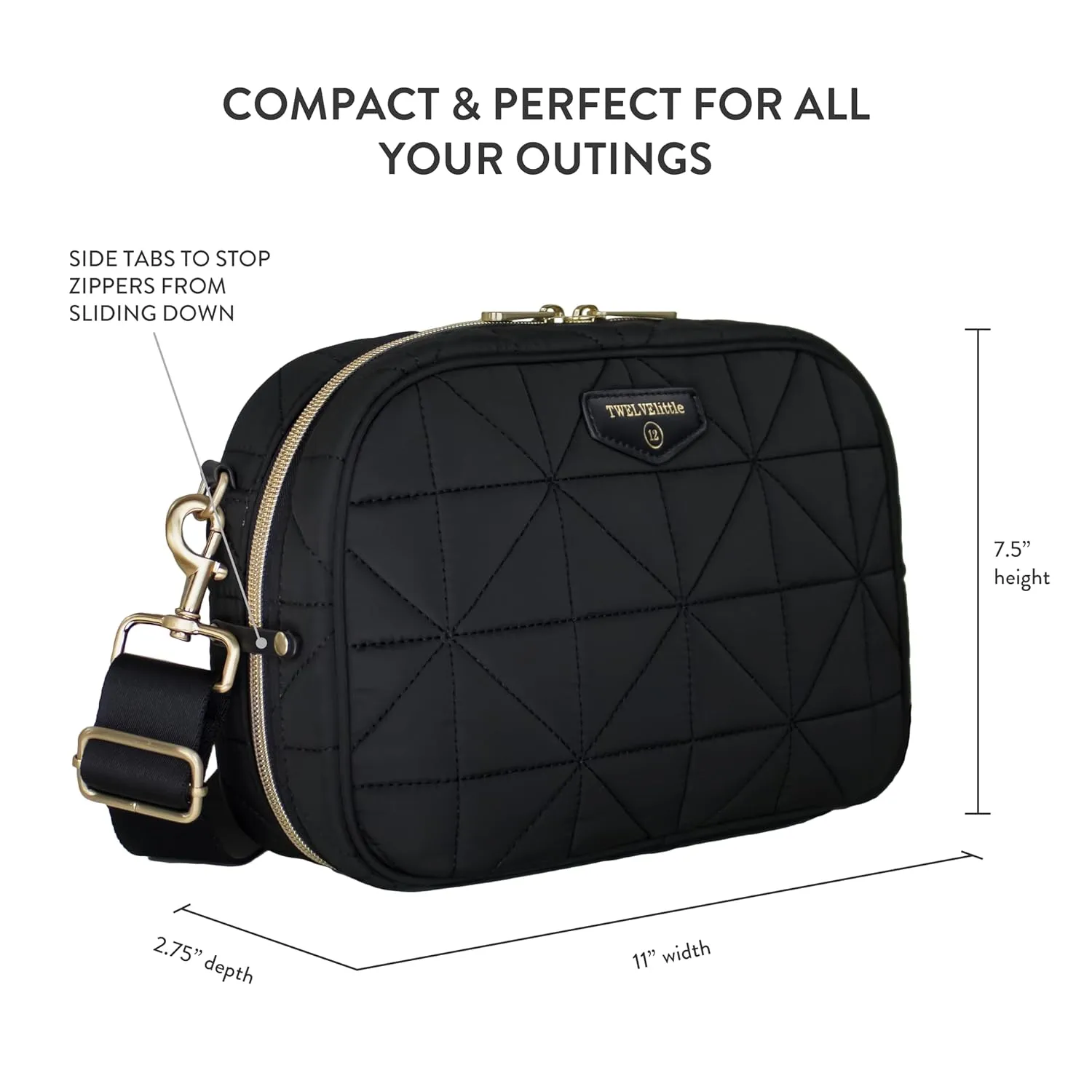 TWELVElittle Diaper Clutch 3.0 - Crossbody Diaperbag with Changing Pad, Detachable Pouch and Wipes Case. Machine Washable - Black