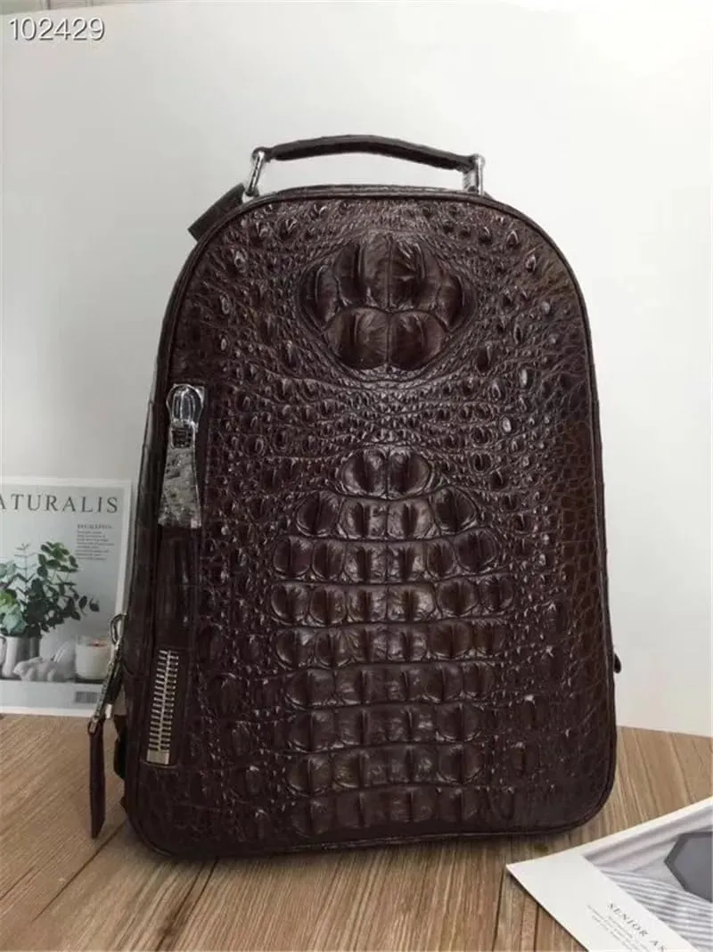 Unisex Style Genuine Crocodile Skin Women Men's Casual Brown Backpack Exotic Real Alligator Leather Male Large Travel Bag