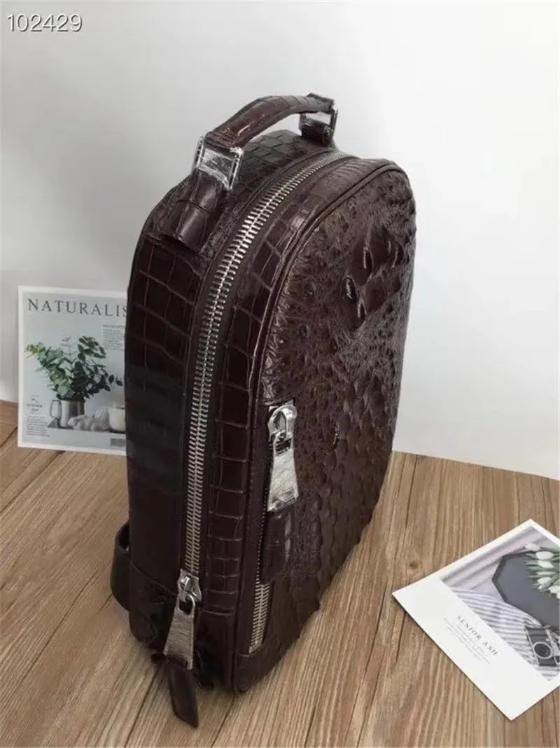 Unisex Style Genuine Crocodile Skin Women Men's Casual Brown Backpack Exotic Real Alligator Leather Male Large Travel Bag