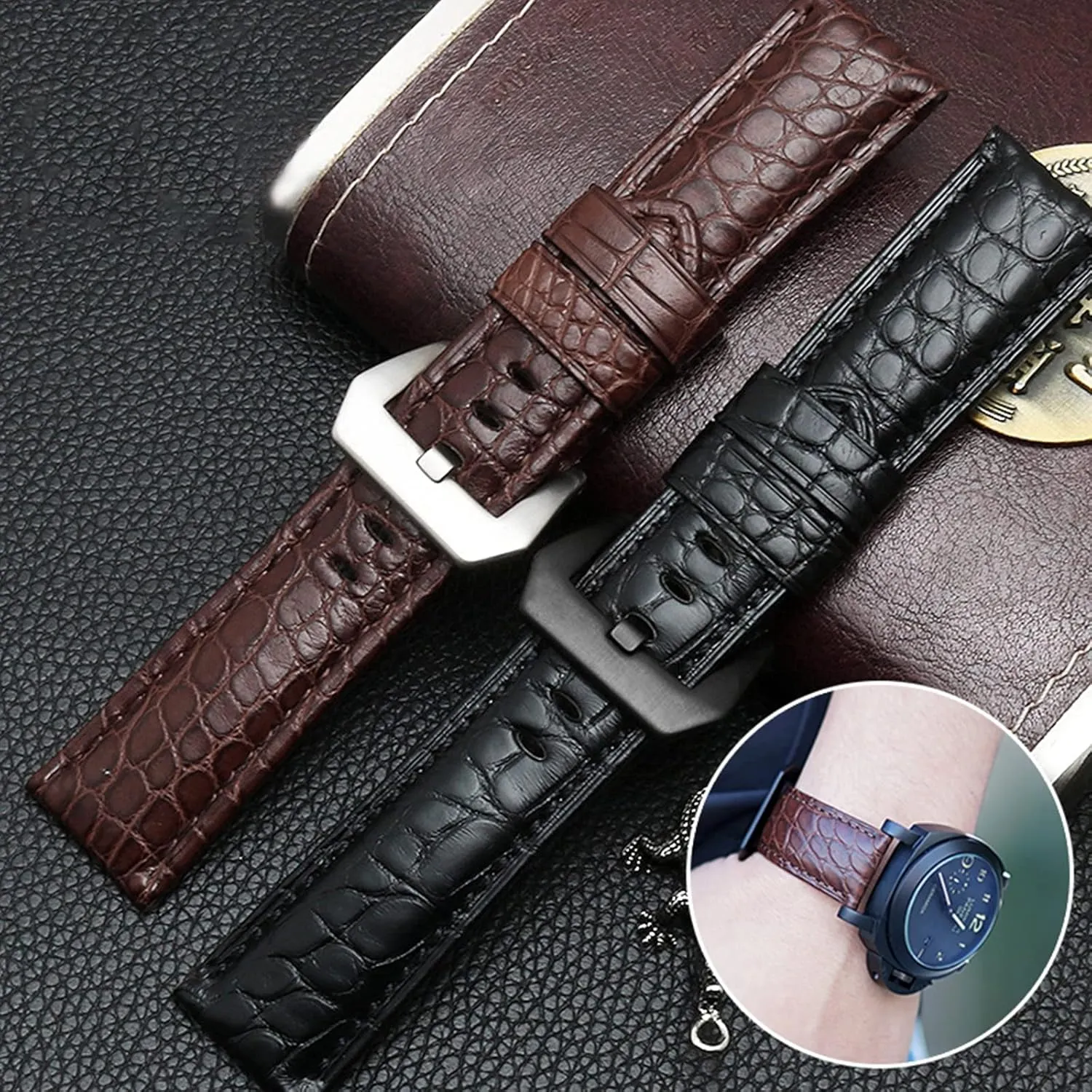 Universal Strap,22mm/24mm/26mm Rough Style Pin Buckle Crocodile Leather Watchband for Men Smart Watch, Classic Analogue Watch, Dial Quartz Watch