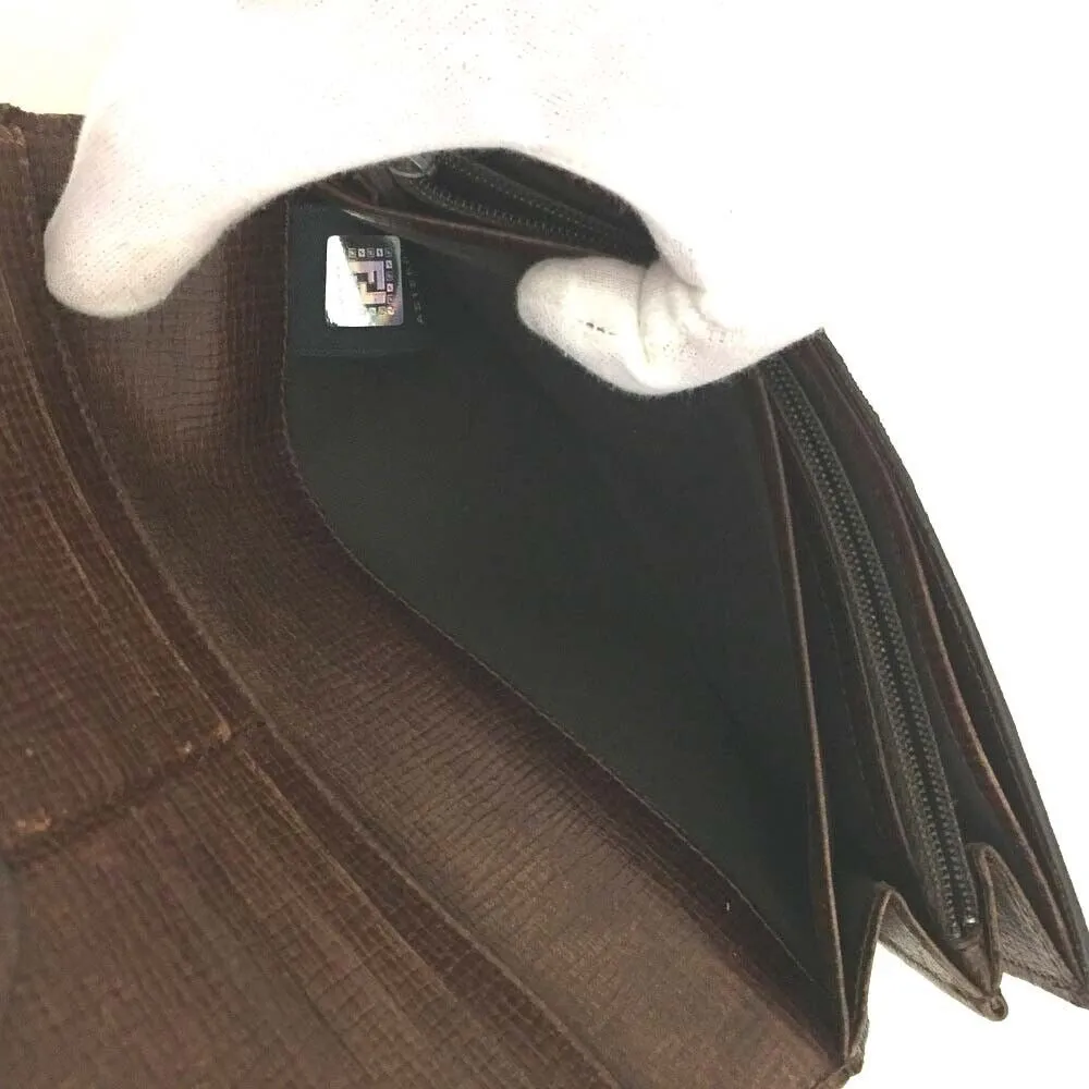 Vintage, classic, Fendi, brown leather Zucca print, bi-fold, XL checkbook wallet