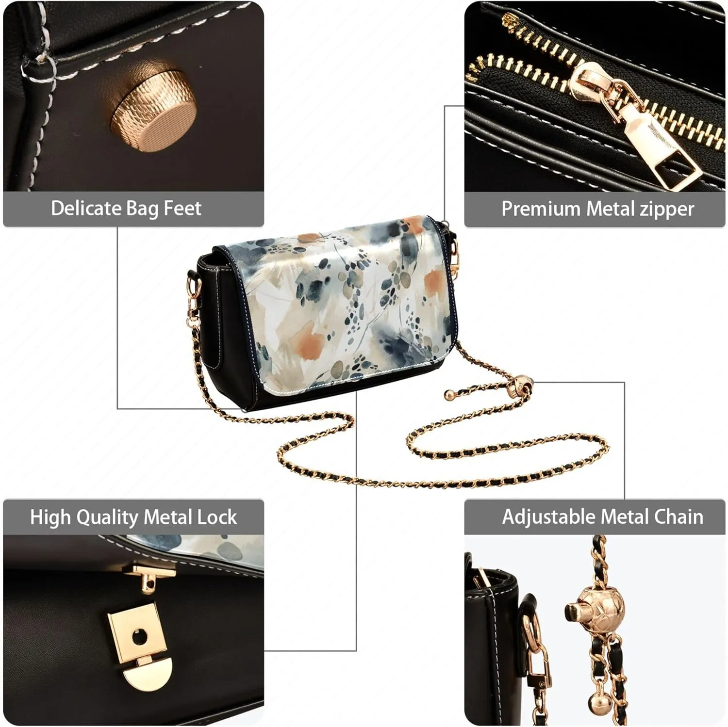 Vintage Floral Multicolor PU Leather Shoulder Bag Gifts Women Crossbody Bag Purses Wallet Handbag with Chain Strap
