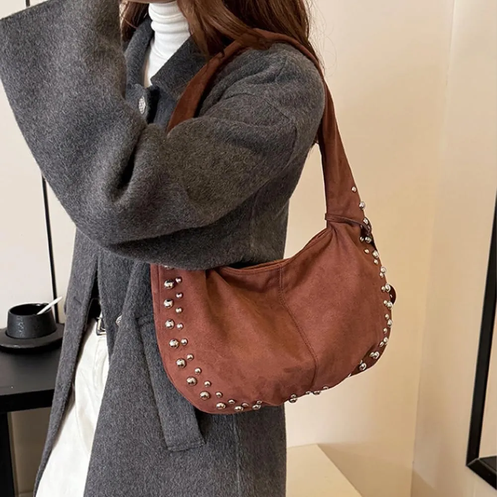 Vintage Suede Y2k Shoulder Bag - Studded Purses Vegan Leather for Fall
