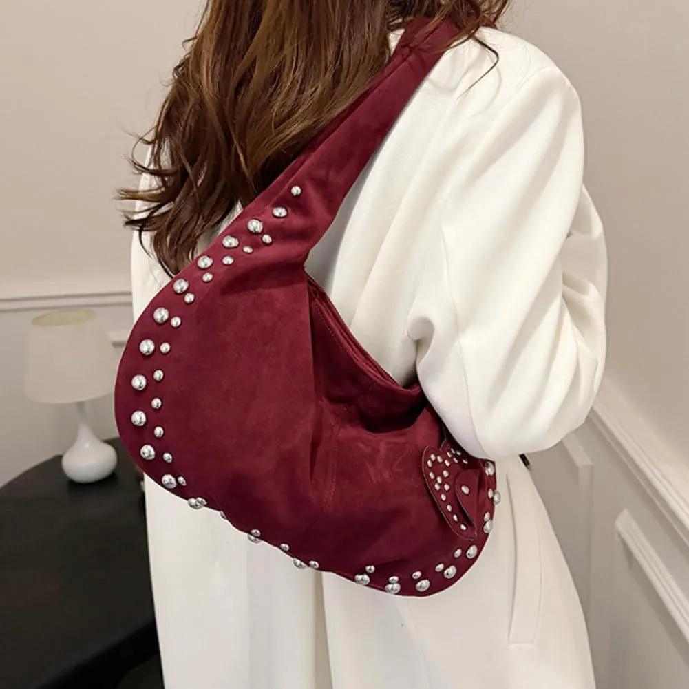 Vintage Suede Y2k Shoulder Bag - Studded Purses Vegan Leather for Fall