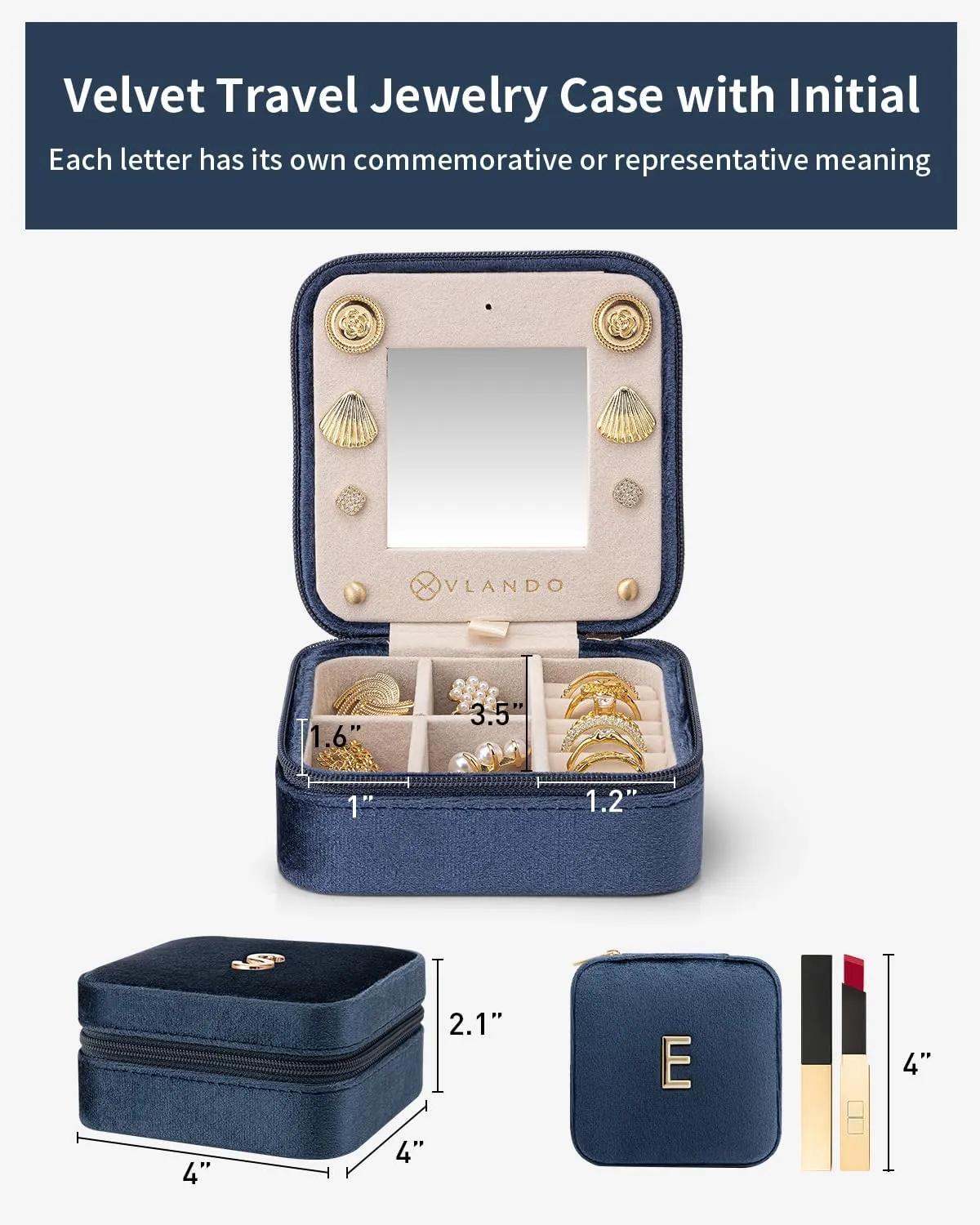 Vlando Teacher Must Haves, Personalized Initial Jewelry Case, Back to School Gift, Teacher Appreciation Gift, Travel Jewelry Case with Initial - Letter E, Dark Blue