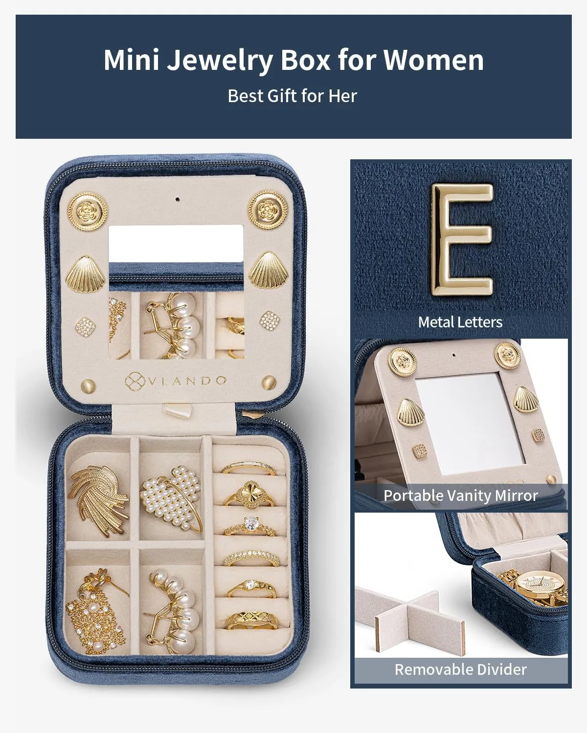Vlando Teacher Must Haves, Personalized Initial Jewelry Case, Back to School Gift, Teacher Appreciation Gift, Travel Jewelry Case with Initial - Letter E, Dark Blue