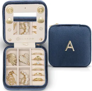 Vlando Travel Gifts 2025, Travel Jewelry Case for Girl Women, A Initial Jewelry Case, Mini Jewelry Travel Organizer Travel Essentials Gifts for Friend Teen Girls - Letter A, Dark Blue