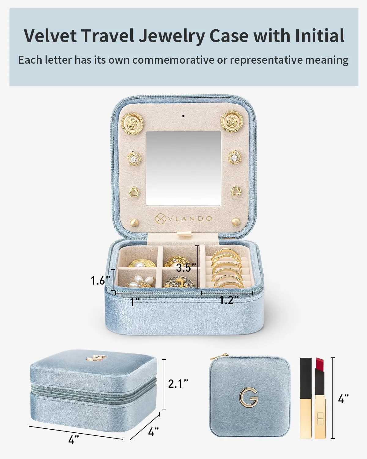 Vlando Valentines Day Gifts for Her, Bridesmaid Gifts for Women, Bridesmaid Proposal Gifts Unique Gifts, Wedding Travel Essentials Small Jewelry Box, Travel Jewelry Case - Letter G, Blue