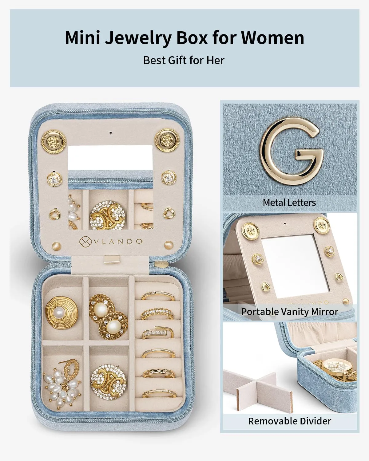 Vlando Valentines Day Gifts for Her, Bridesmaid Gifts for Women, Bridesmaid Proposal Gifts Unique Gifts, Wedding Travel Essentials Small Jewelry Box, Travel Jewelry Case - Letter G, Blue