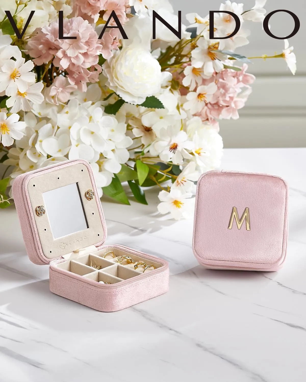 Vlando Valentines Day Gifts for Her, Bridesmaid Gifts for Women, Bridesmaid Proposal Gifts Unique Gifts, Wedding Travel Essentials Small Jewelry Box, Travel Jewelry Case - Letter G, Pink