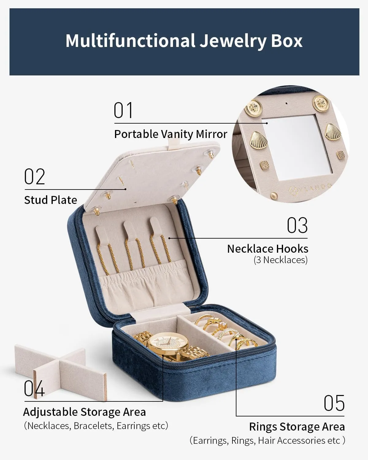 Vlando Valentine's Day Gifts for Her - Bridesmaid Proposal Gifts, Unique Wedding Travel Essentials - Small Jewelry Box, Dark Blue