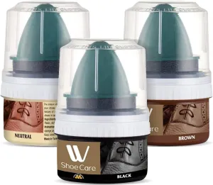 W Shoe Care Shoe Cream with Sponge Applicator, Protects Leather from Scuffs and Scratches, Best for All Kind of Leather Surfaces, Professional Shine with Black, Brown & Neutral