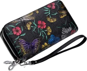 Wallets for Women Wristlet RFID Blocking Genuine Leather Double Zipper Credit Card Holder Large Ladies Clutch Purse