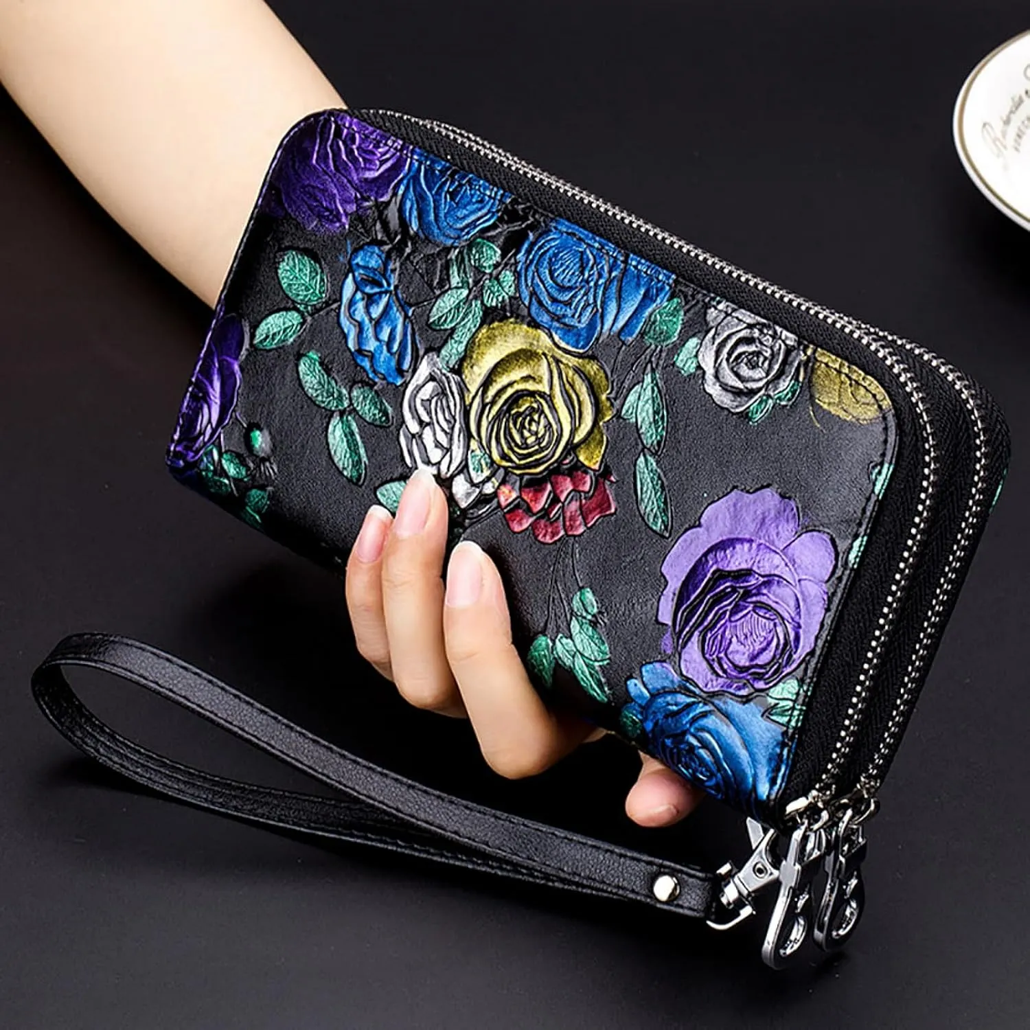 Wallets for Women Wristlet RFID Blocking Genuine Leather Double Zipper Credit Card Holder Large Ladies Clutch Purse