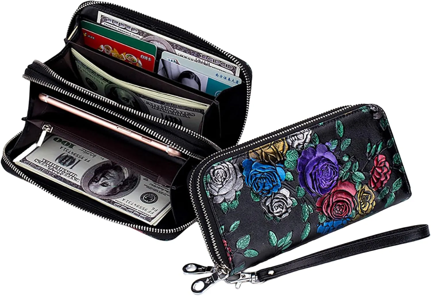Wallets for Women Wristlet RFID Blocking Genuine Leather Double Zipper Credit Card Holder Large Ladies Clutch Purse