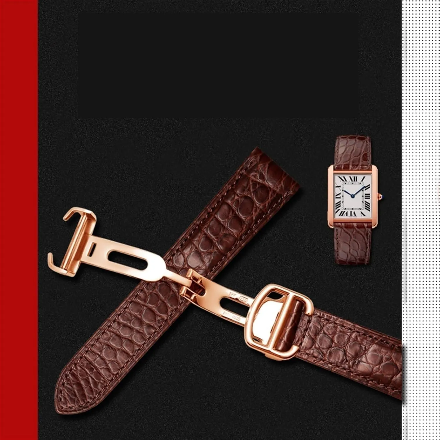 Watch Strap Suitable for Cartier Crocodile Leather Watch Strap Men Leather Tank Key London Calibo Watch Chain Women 20mm (Color : 10mm Gold Clasp, Size : 18mm)