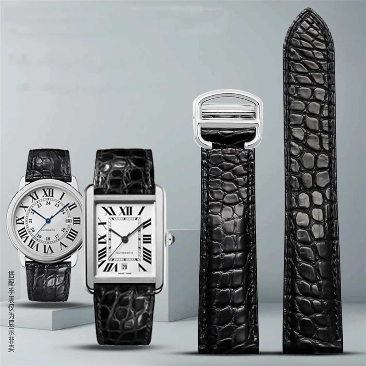 Watch Strap Suitable for Cartier Crocodile Leather Watch Strap Men Leather Tank Key London Calibo Watch Chain Women 20mm (Color : 10mm Gold Clasp, Size : 18mm)