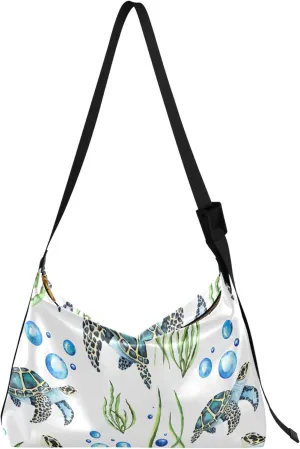 Watercolor Sea Turtle Seaweed PU Leather Hobo Purse Large Crossbody Purse Stylish Animal Print Women Purses