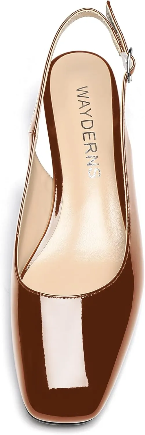 WAYDERNS Women's Ankle Strap Square Toe Slingback Patent Leather Chunky Low Heel Pumps Shoes 1.5 Inch