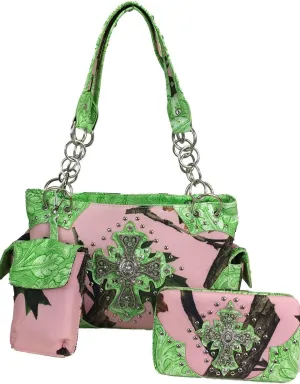 Western Handbag with Cross Pink Camo Concealed & Carry Purse