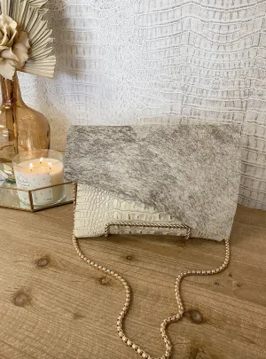 White/Gold Croc with Cowhide Flap Crossbody/Clutch