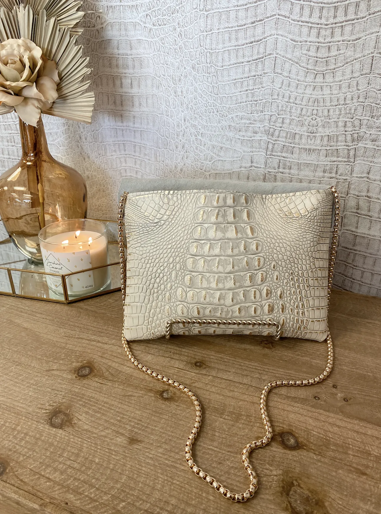 White/Gold Croc with Cowhide Flap Crossbody/Clutch