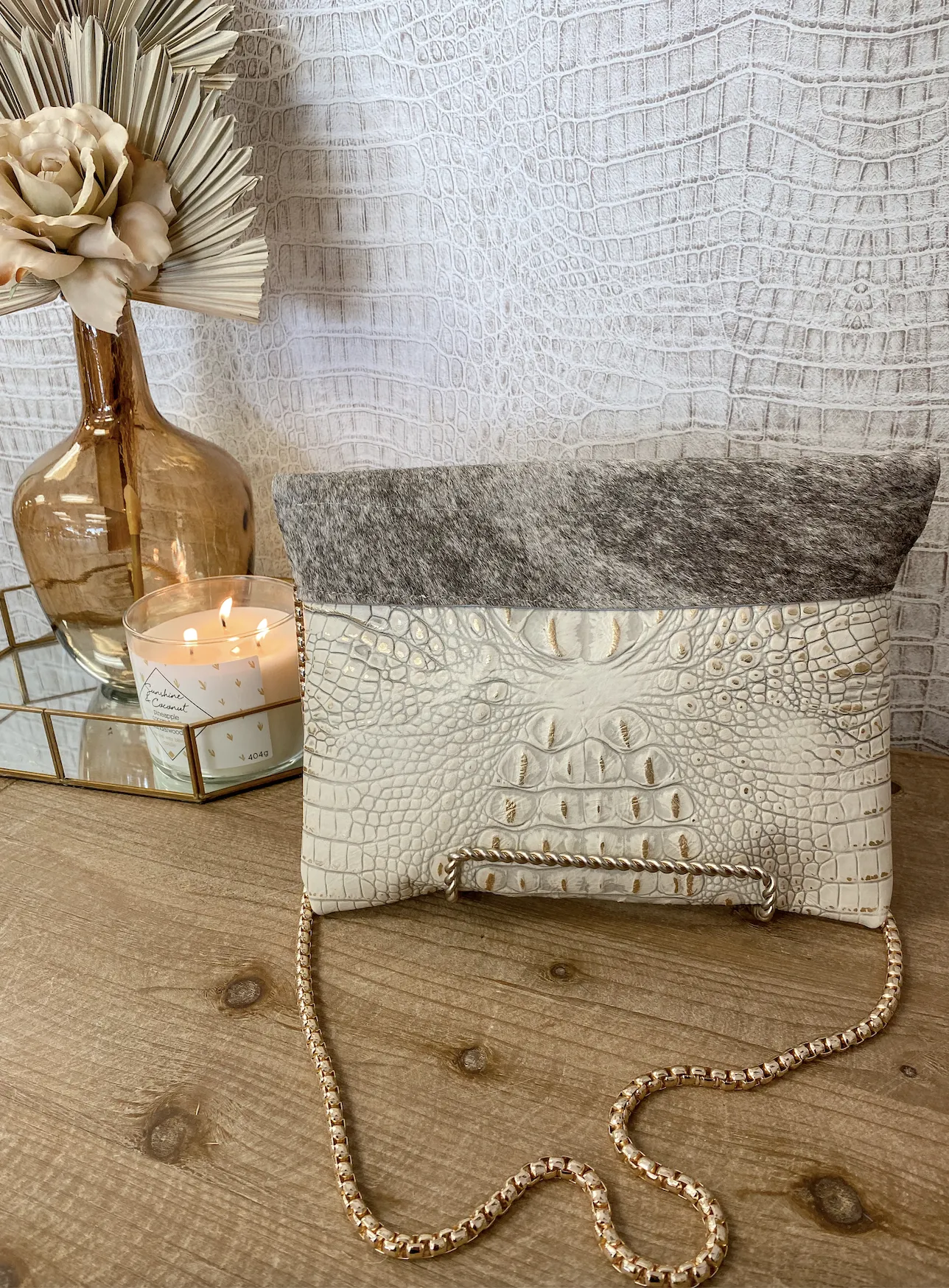 White/Gold Croc with Cowhide Flap Crossbody/Clutch