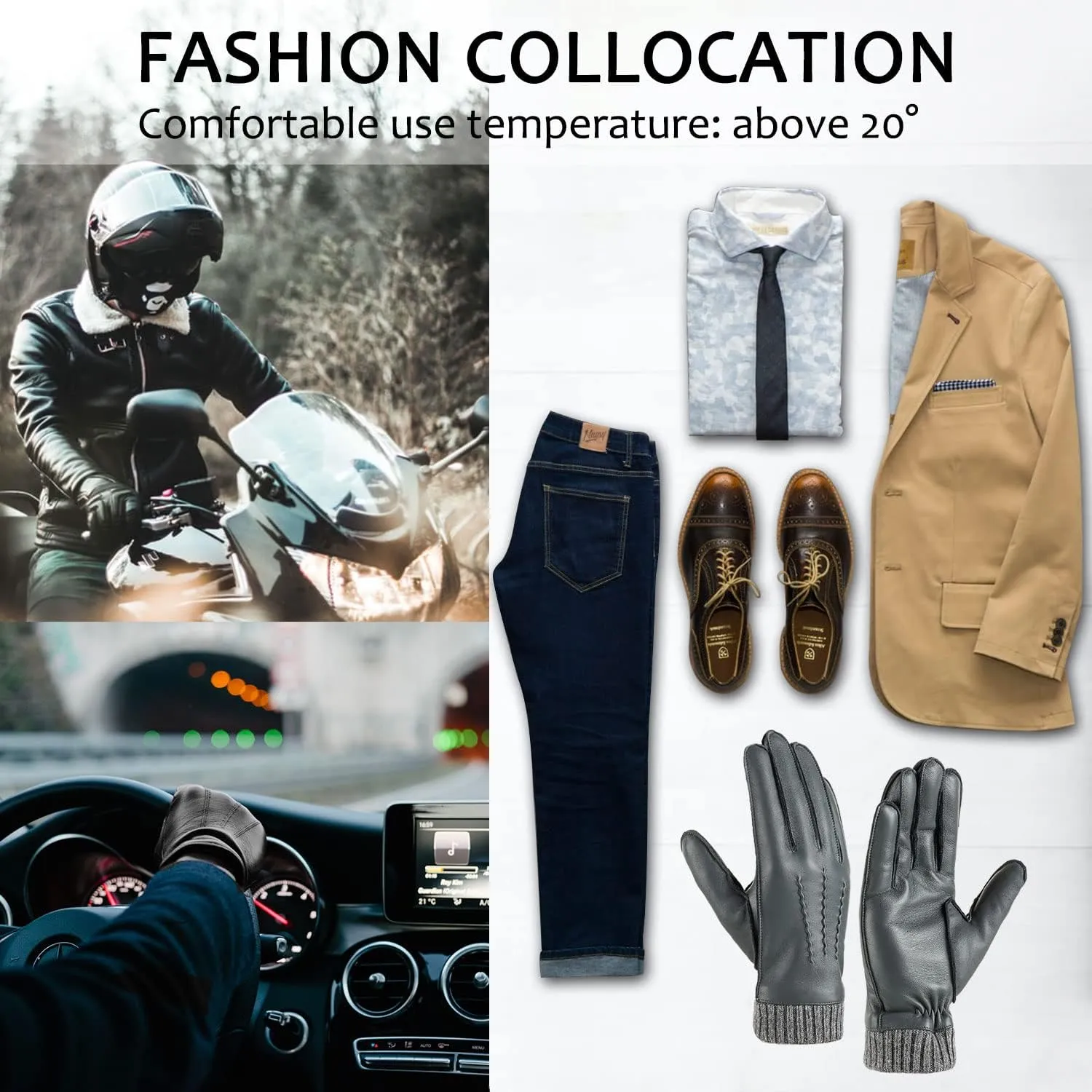 Winter Warm Genuine Leather Gloves, Cashmere Lined Driving Motorcycle Gloves for Men