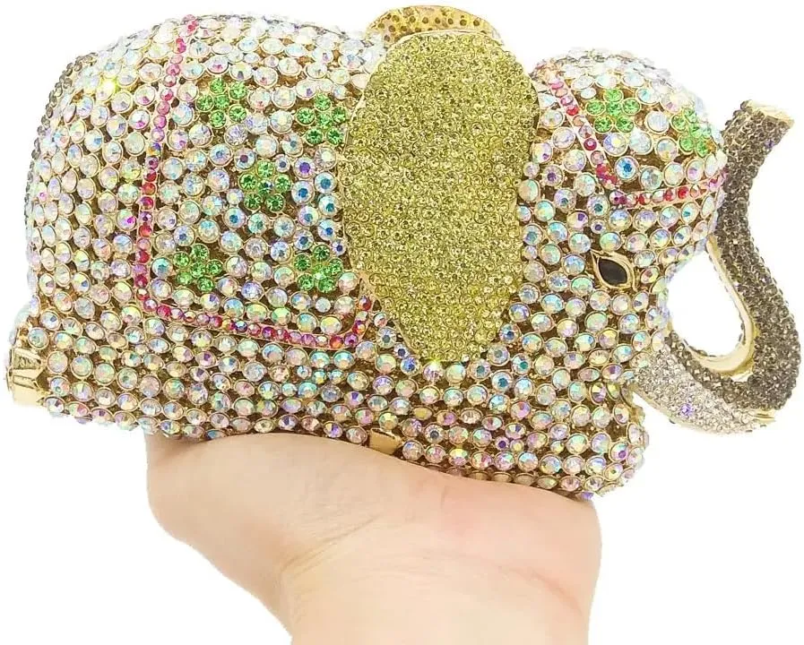 Women Elephant Rhinestone Clutch Bag Sparkly Crystal Evening Bag Luxury Metal Handbag Minaudiere Wedding Party Purse