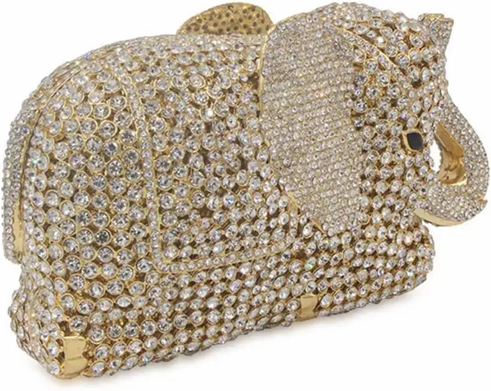 Women Elephant Rhinestone Clutch Bag Sparkly Crystal Evening Bag Luxury Metal Handbag Minaudiere Wedding Party Purse