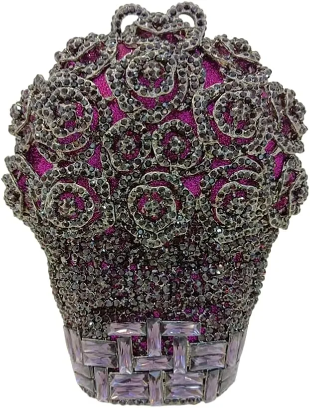 Women Floral Rhinestone Purse Diamond Flower Basket Handbag Unique Crystal Clutch Luxury Wedding Party Evening Bag