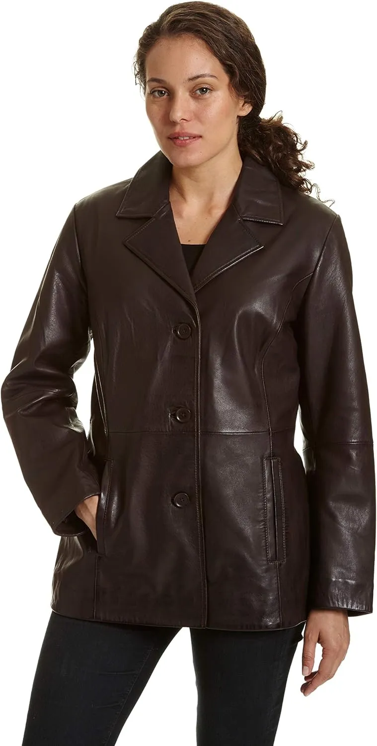 Women Genuine Leather for Spring and Fall Fashion, Leather Front Button Car Coat Jacket