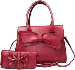 Women Handbag 2 Pcs Set Big Bow-Knot PU Leather Top Handle Bag Designer Tote Bag Clutch Wallet Set for Ladies, Pink