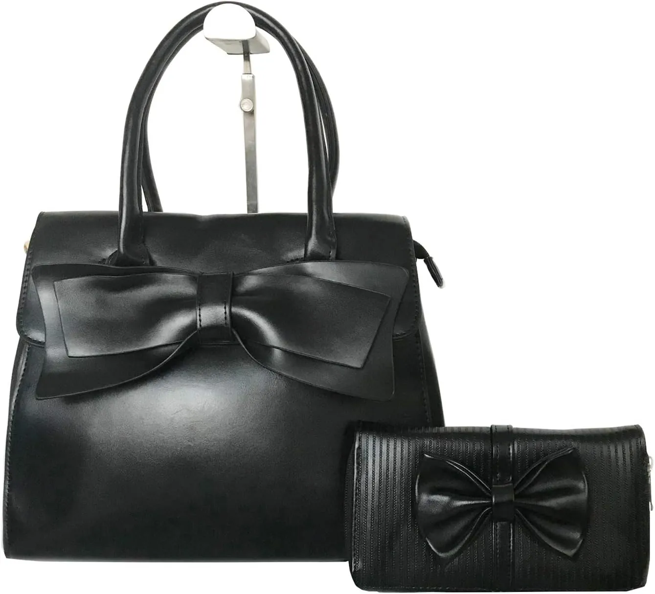 Women Handbag 2 Pcs Set Big Bow-Knot PU Leather Top Handle Bag Designer Tote Bag Clutch Wallet Set for Ladies