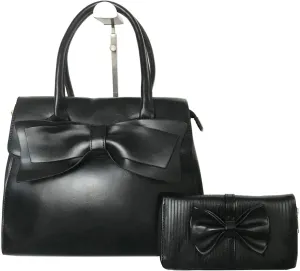 Women Handbag 2 Pcs Set Big Bow-Knot PU Leather Top Handle Bag Designer Tote Bag Clutch Wallet Set for Ladies