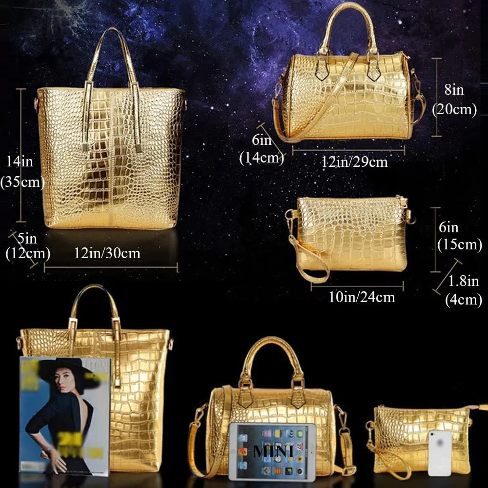 Women Handbags and Purses Set Crocodile Pattern Tote Bags Top Handle Handbags Wristlets Wallet Shoulder Bag 3 Pcs
