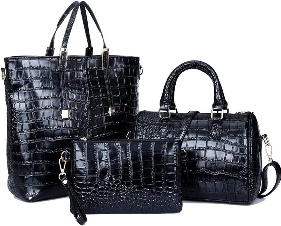 Women Handbags and Purses Set Crocodile Pattern Tote Bags Top Handle Handbags Wristlets Wallet Shoulder Bag 3 Pcs