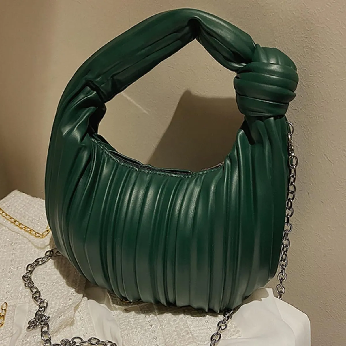 Women Knotted Woven Ruched Handbag Soft Faux Leather Purse Chic Top Handle Bag for Ladies Small Hobo Handbag