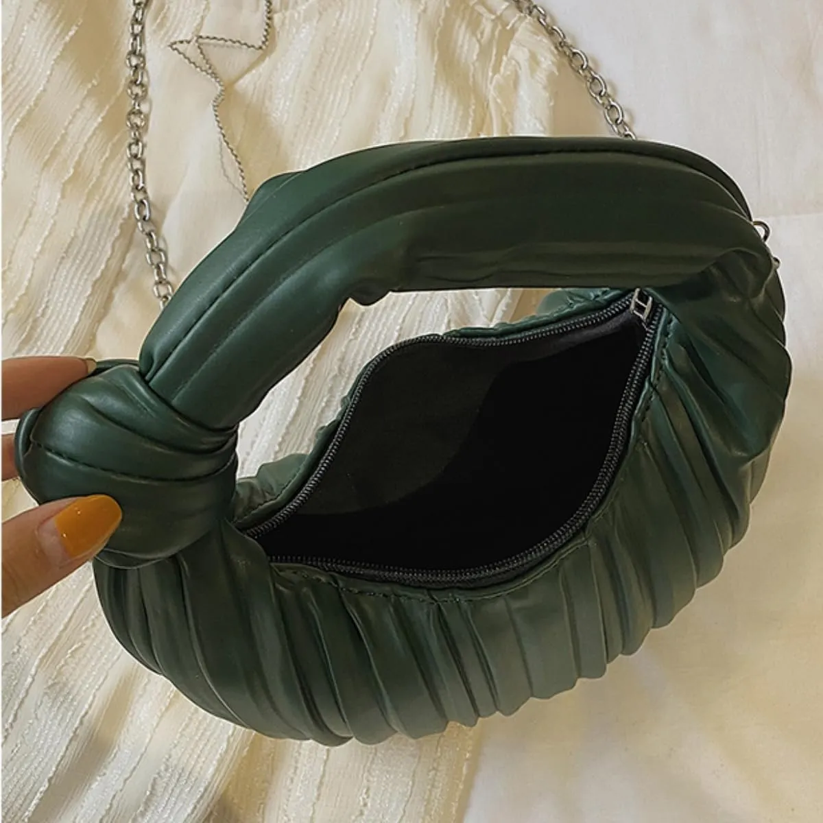 Women Knotted Woven Ruched Handbag Soft Faux Leather Purse Chic Top Handle Bag for Ladies Small Hobo Handbag