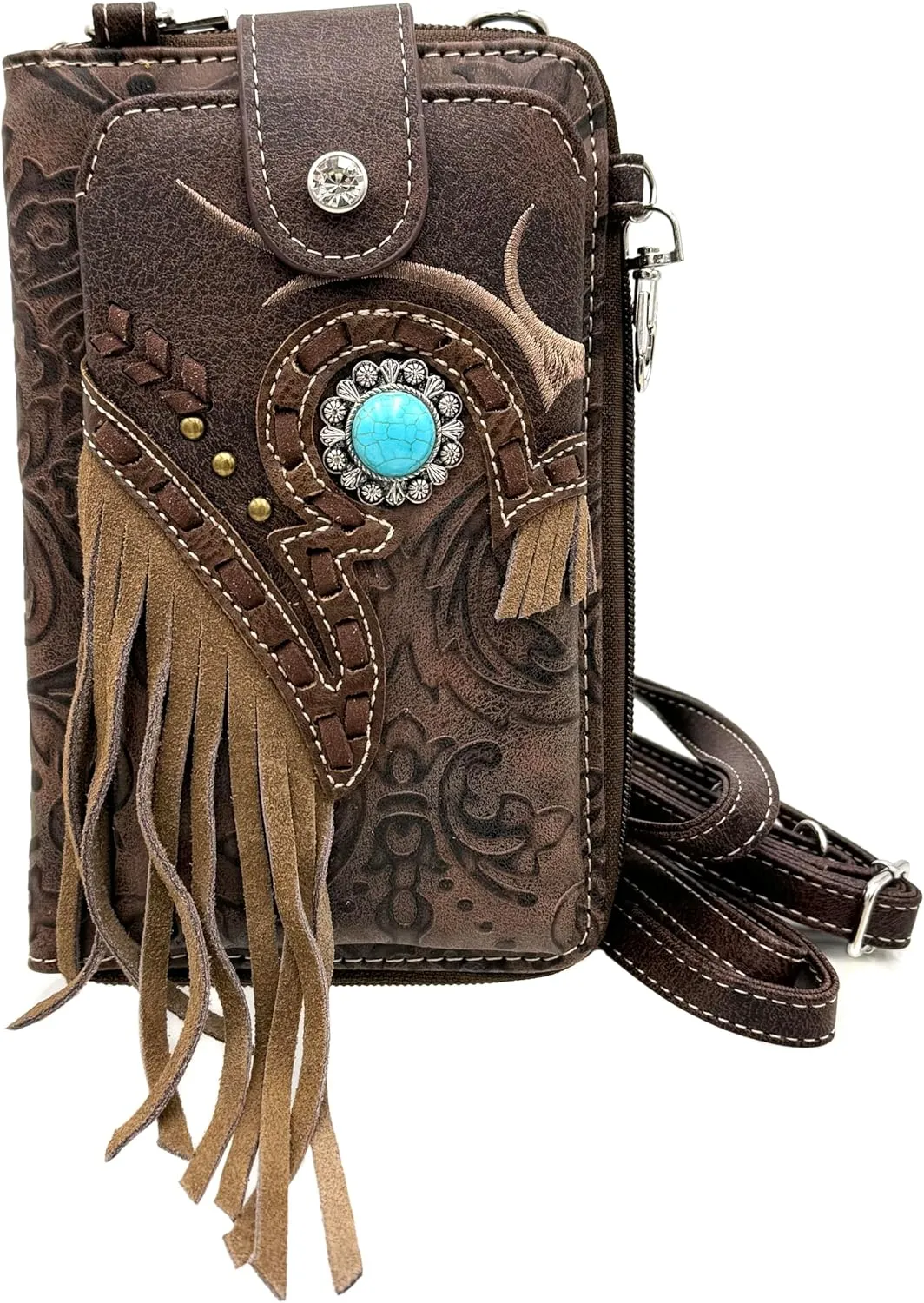Women Phone Wallet Turquoise Concho Suede Fringe Two Tone Cowgirl Crossbody Clutch