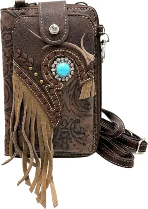 Women Phone Wallet Turquoise Concho Suede Fringe Two Tone Cowgirl Crossbody Clutch