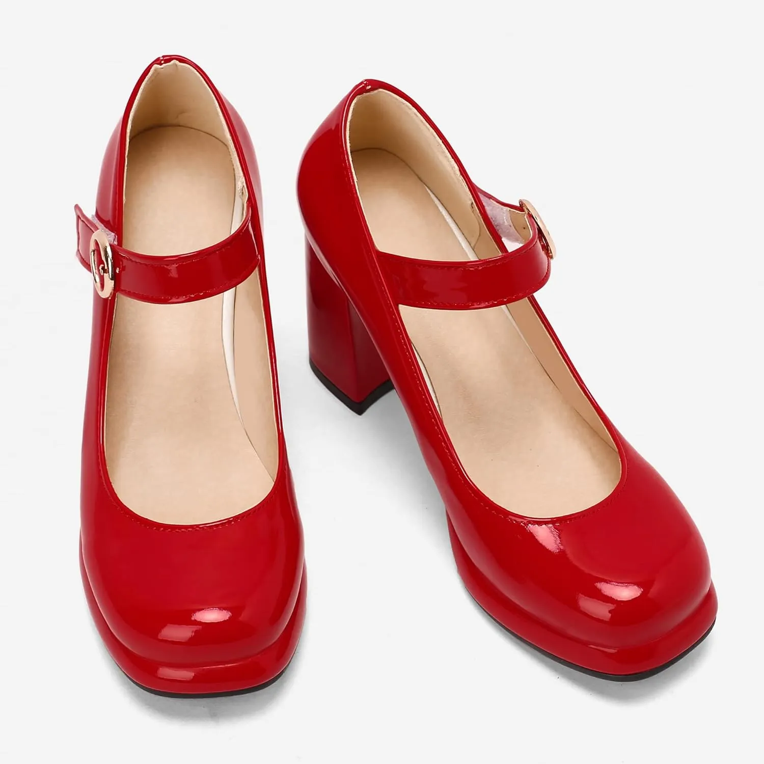 Women Retro Mary Jane Shoes Chunky High Block Heels Patent Leather Buckle Strap Closed Toe Platform Pumps Dress Work Shoes