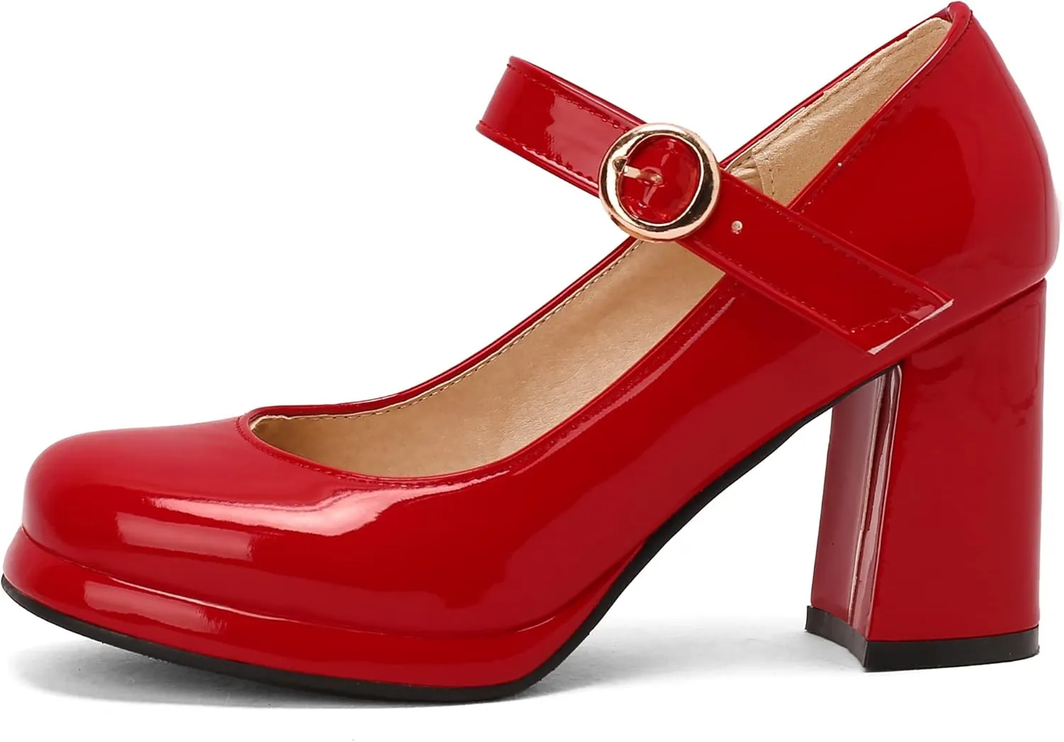 Women Retro Mary Jane Shoes Chunky High Block Heels Patent Leather Buckle Strap Closed Toe Platform Pumps Dress Work Shoes