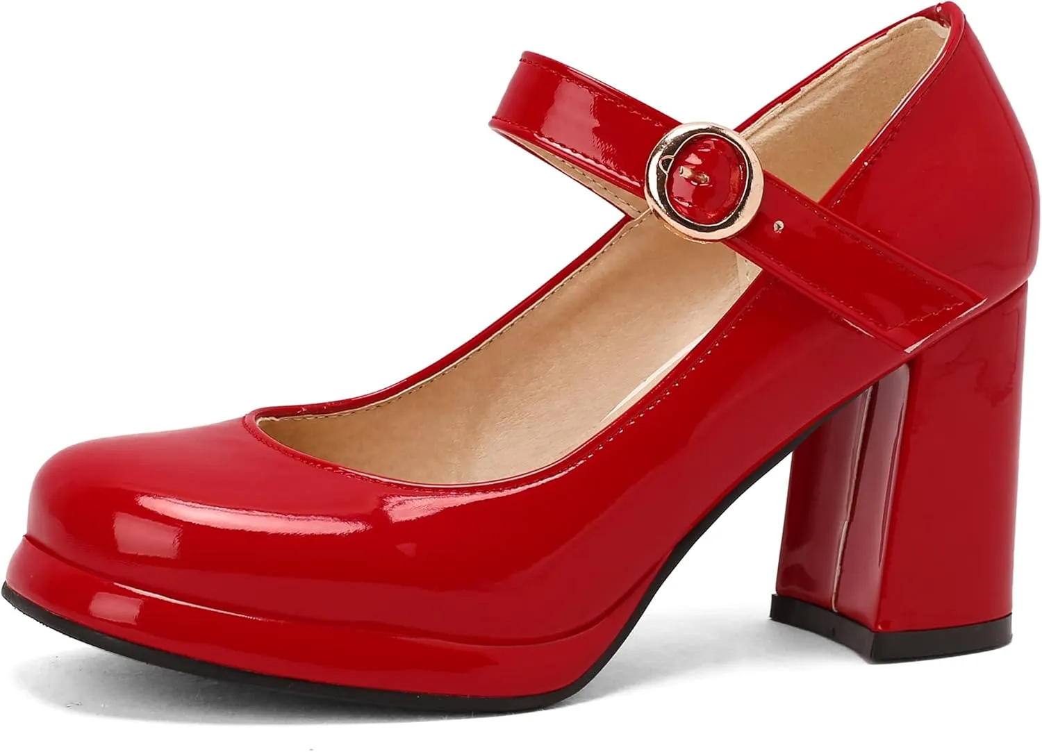 Women Retro Mary Jane Shoes Chunky High Block Heels Patent Leather Buckle Strap Closed Toe Platform Pumps Dress Work Shoes