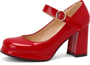 Women Retro Mary Jane Shoes Chunky High Block Heels Patent Leather Buckle Strap Closed Toe Platform Pumps Dress Work Shoes